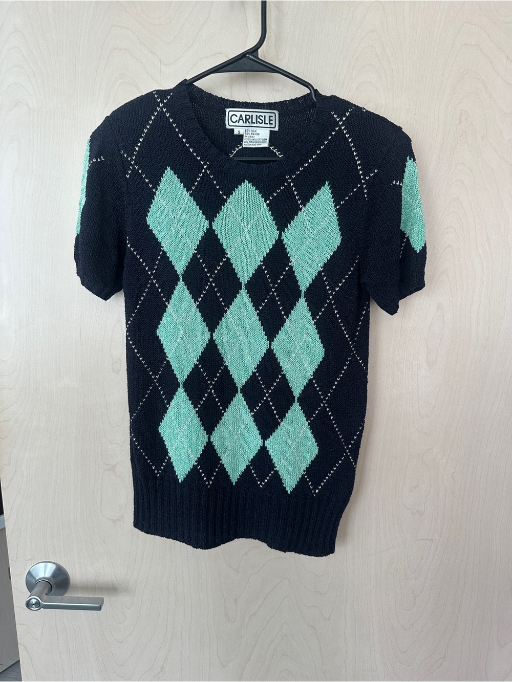 Carlisle Vintage Crewneck Silk Blend Sweater with Mint Argyle Preppy Old Money